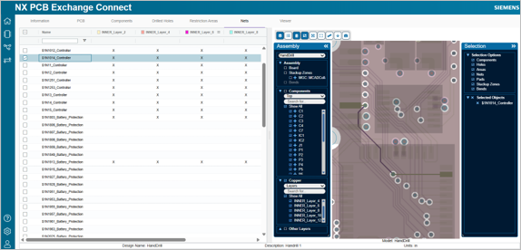 NX PCB Exchange Connect app showing net changes in a PCB design and highlighting one net in the 2D viewer interface.