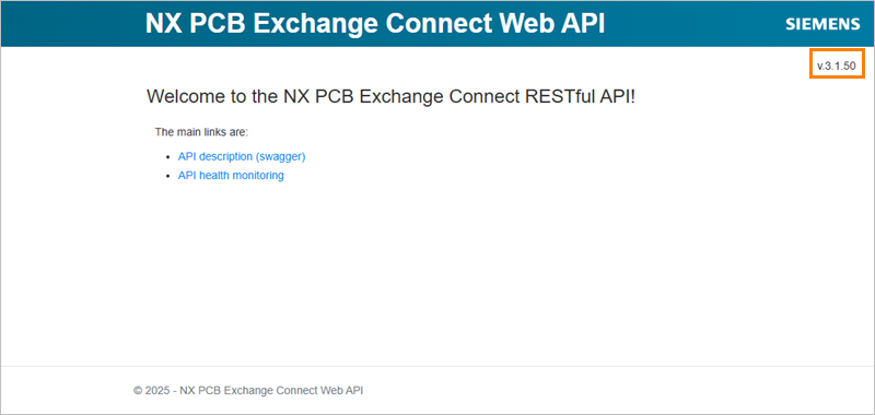 NX PCB Exchange Connect home page with web API version framed