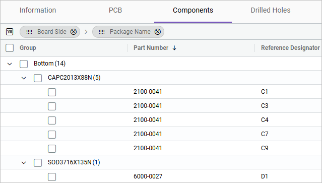 Components grouped by board side and package name displayed in the interactive table